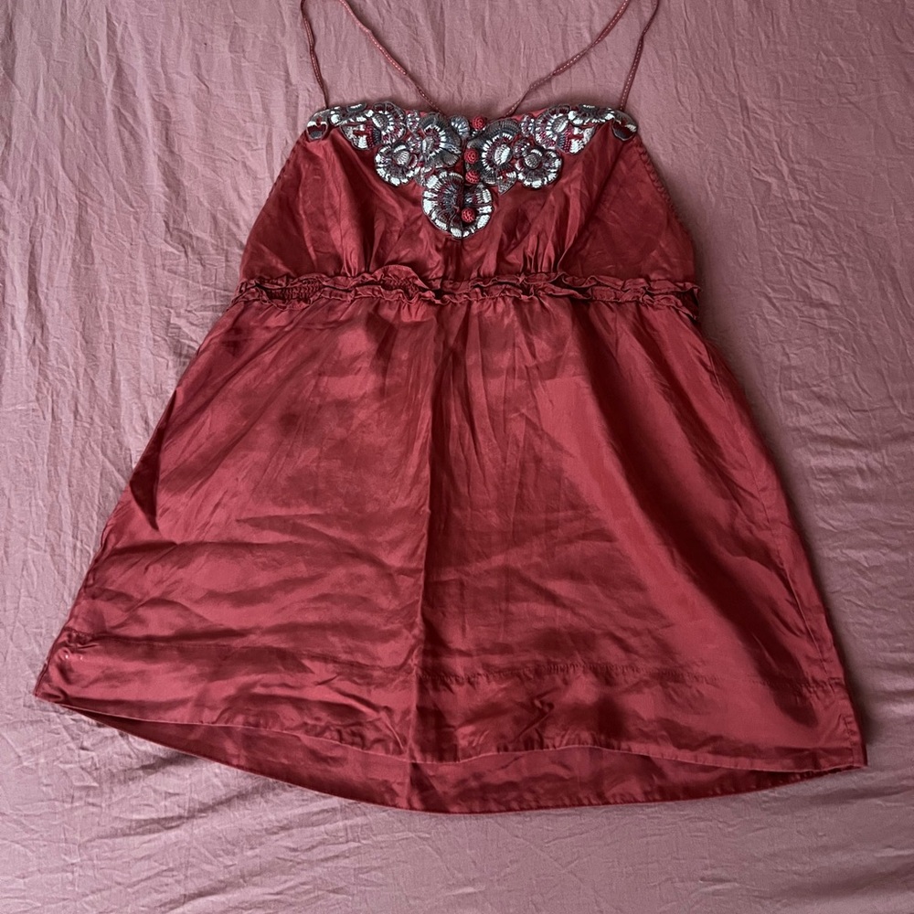 Elegant Coral Silk Top with Embellished Bodice